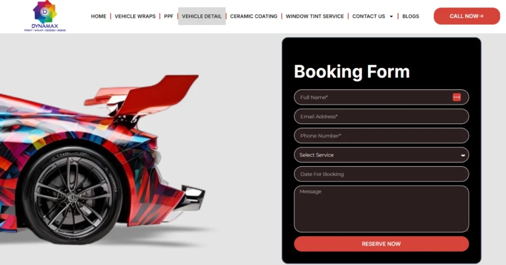 Vehicle detailing service booking form | Dynamax Wraps